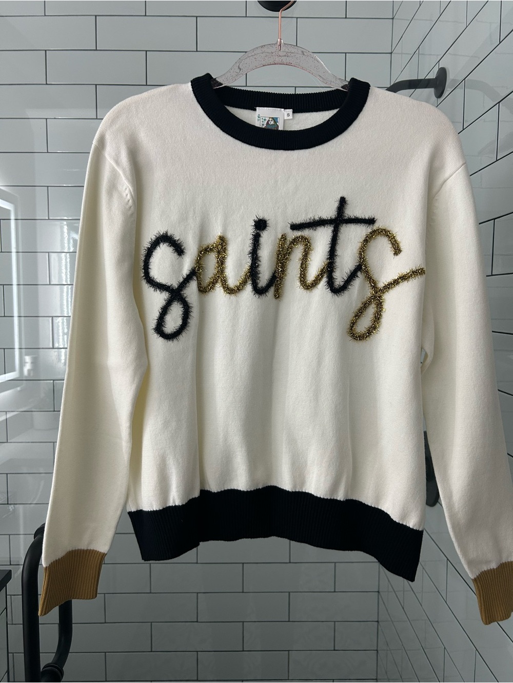 NWOT QUEEN OF SPARKLES 'Saints' Crewneck Sweater - White/Black/Gold